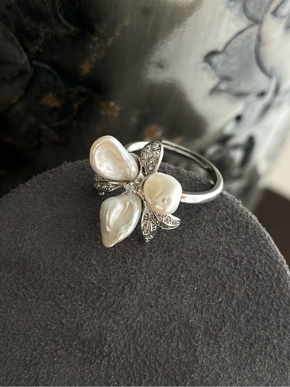 Freshwater Baroque Pearl Flower Butterfly Silver-Tone Ring Adjustable